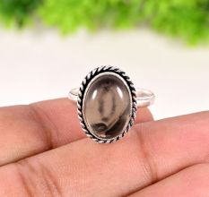 Handmade Oxidized Brass Ring with Smoky Quartz Gemstone